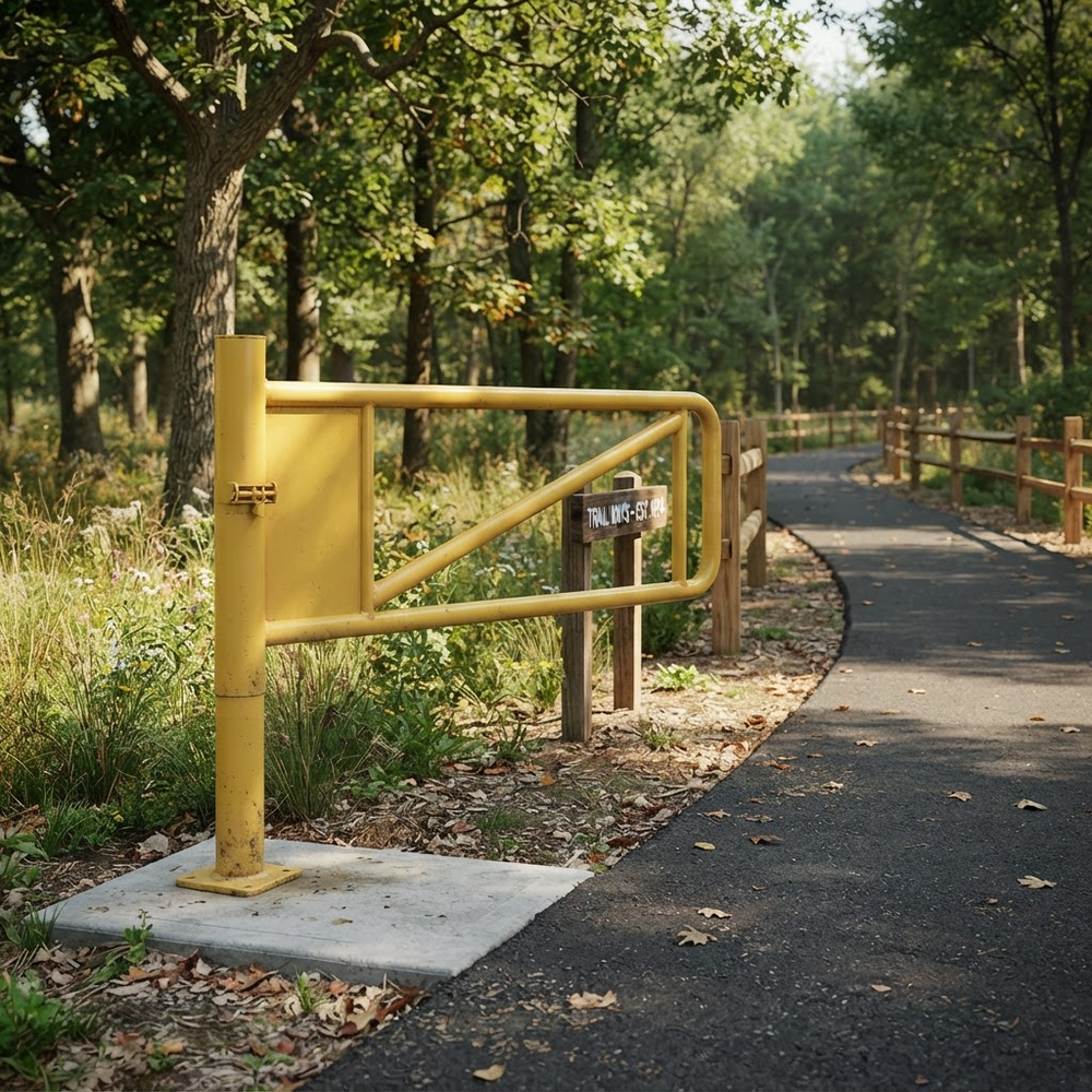 A yellow metal gate with a concrete base and a small sign, situated on a paved path in a wooded outdoor setting.
