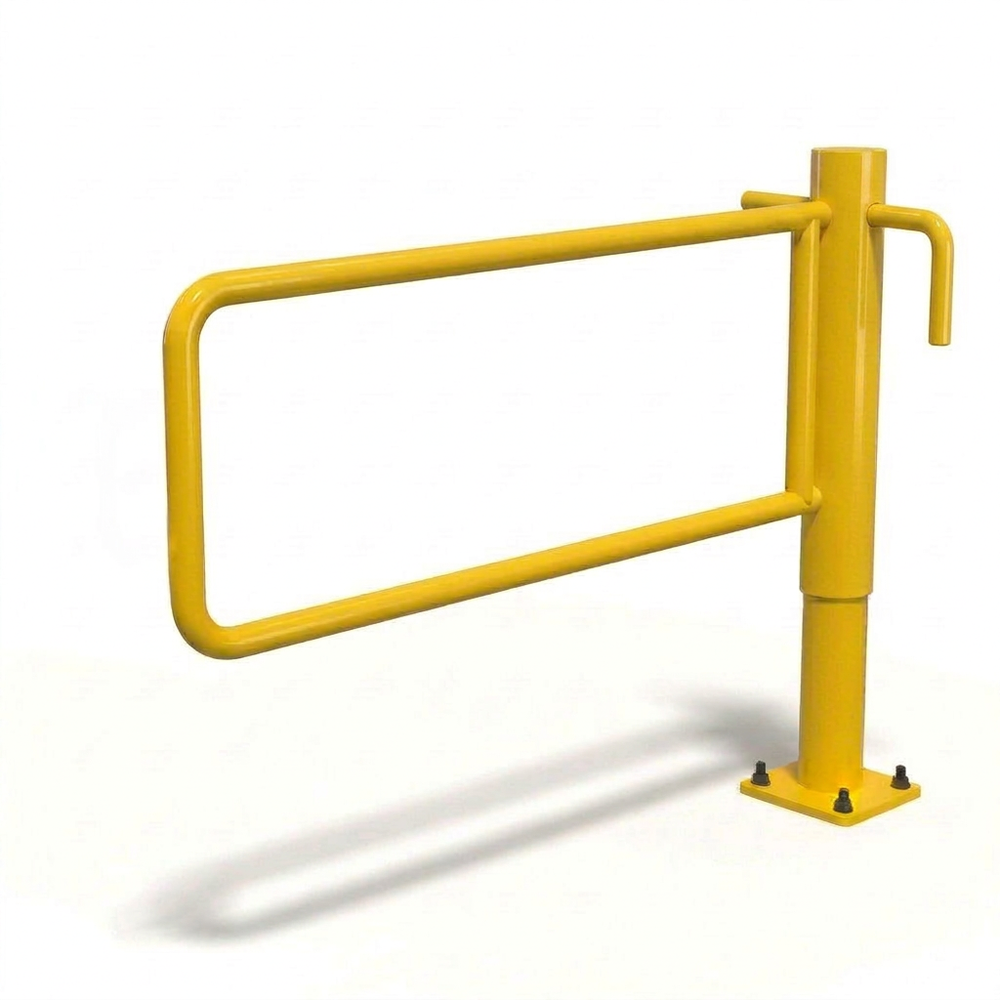 Tubular steel swing arm design on a yellow commercial P-gate traffic barrier post.