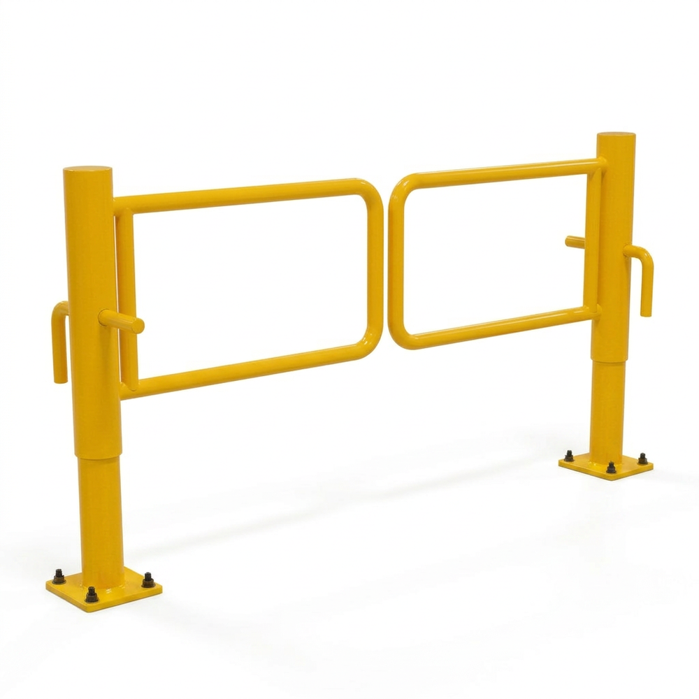 Secure locking pin and latch detail on a bright yellow steel P-gate traffic barrier.