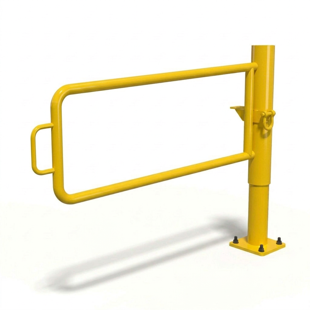 Municipal steel P-gate barrier post designed for public park roadways and maintenance access points.