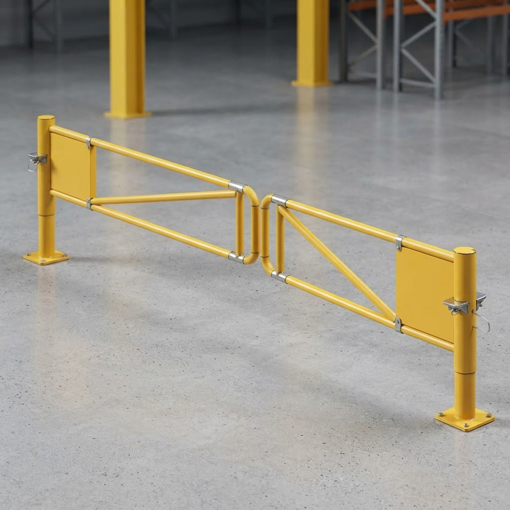 Manual locking swing barrier gate installed at a corporate facility entrance roadway