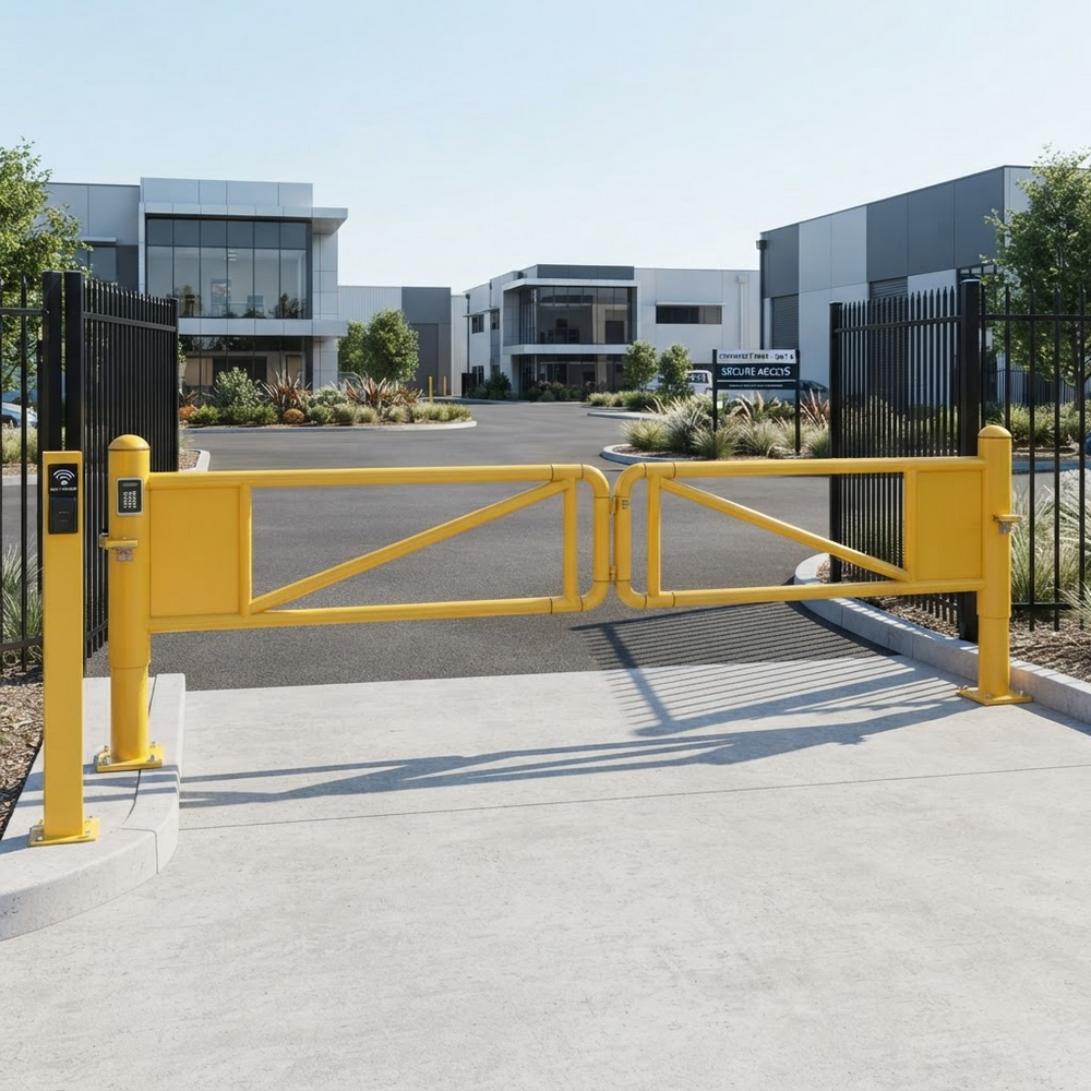 High-visibility yellow steel swing barrier gate for restricted access areas
