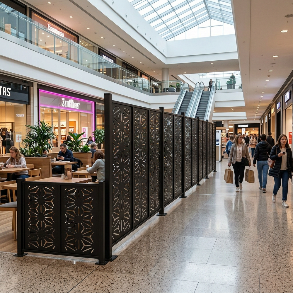 Contemporary metal privacy divider with geometric architectural design