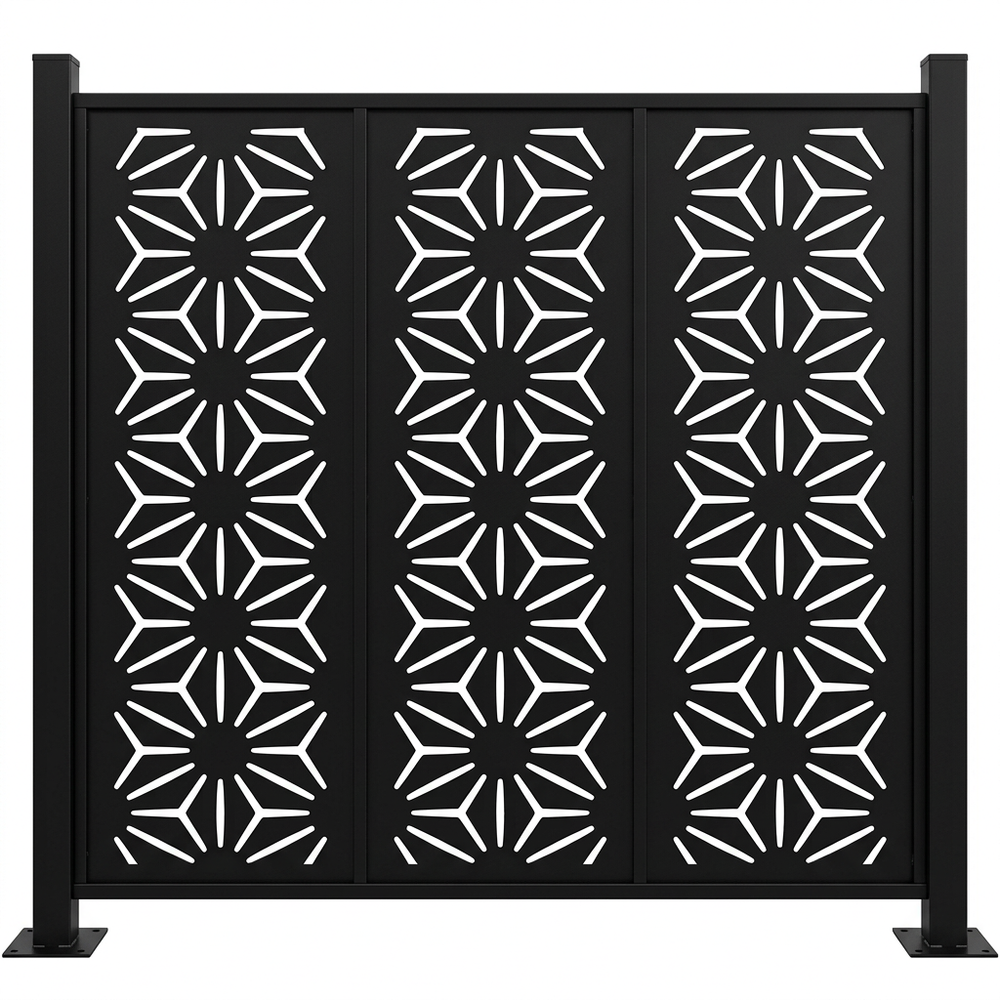 Decorative outdoor metal screen with contemporary geometric design