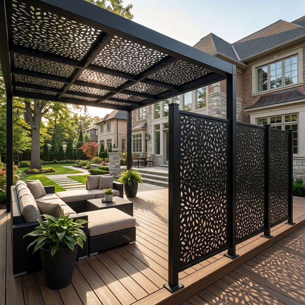 Laser cut flower pattern privacy panel with powder coated finish