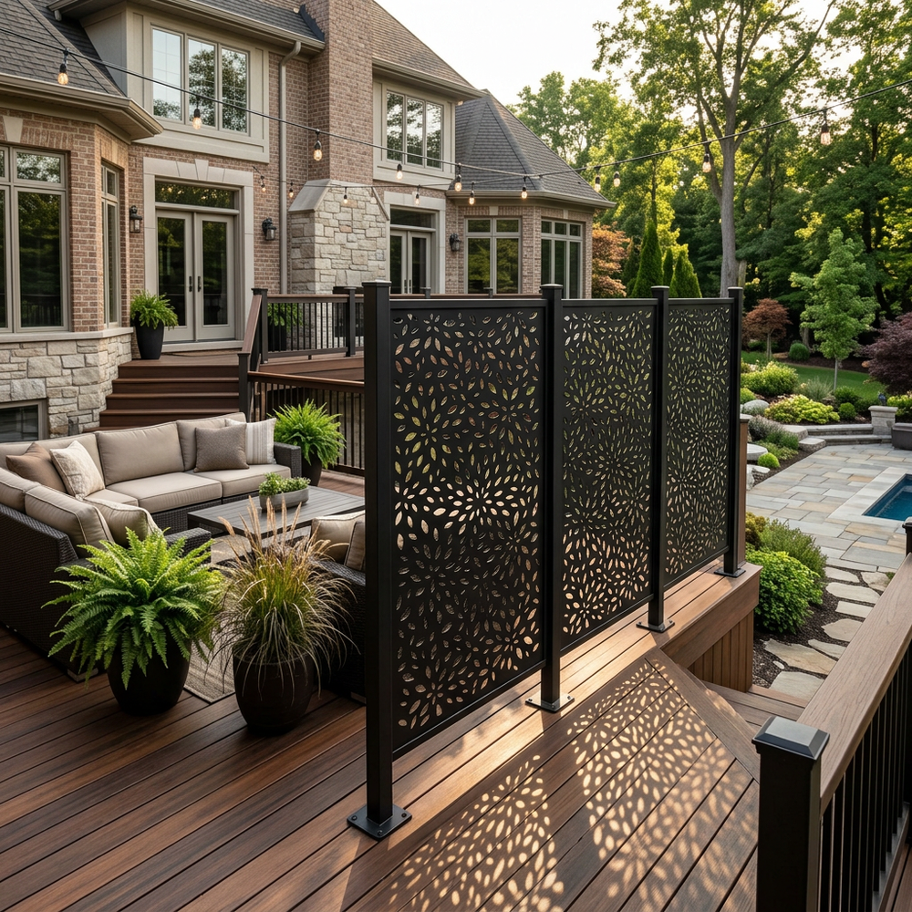 Contemporary decorative steel privacy panel featuring flower inspired design