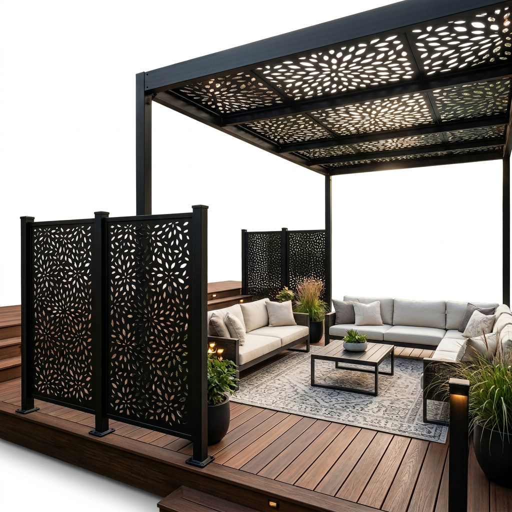 Decorative floral burst metal privacy screen made from premium Canadian steel