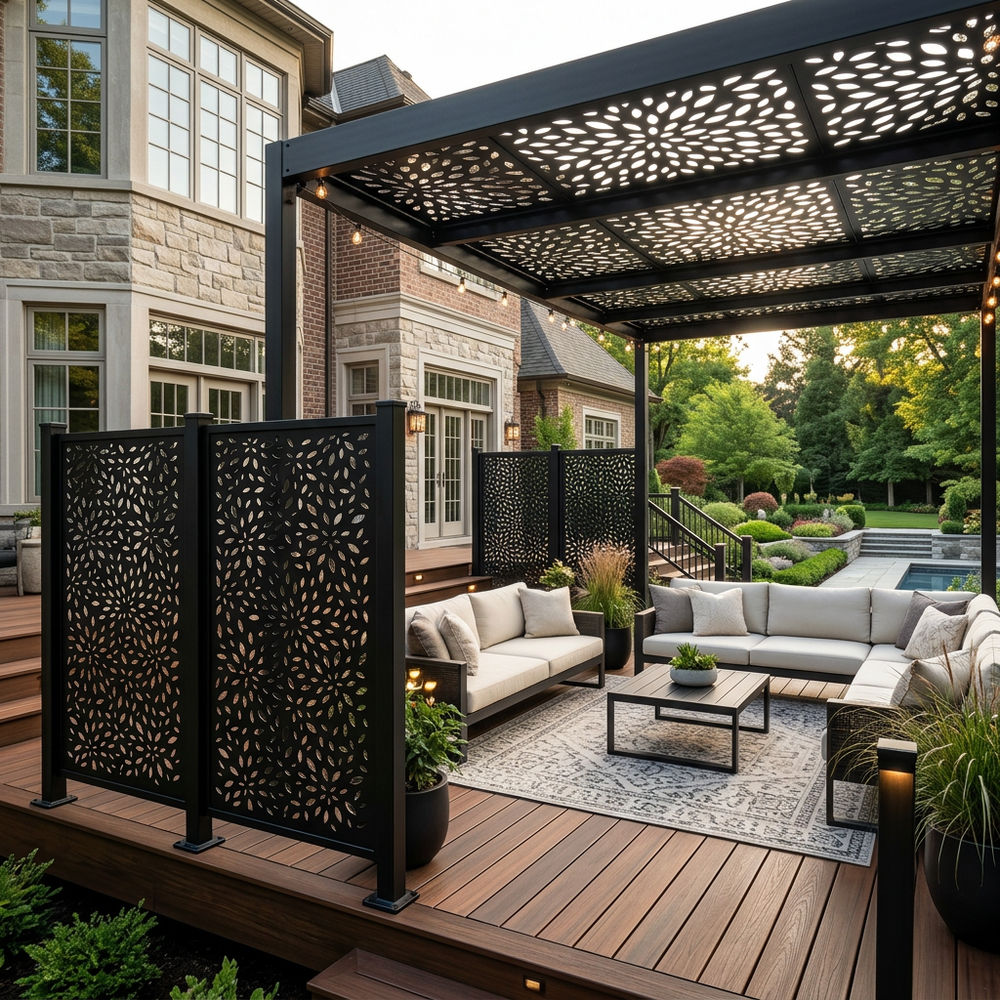 Decorative floral burst metal privacy screen made from premium Canadian steel
