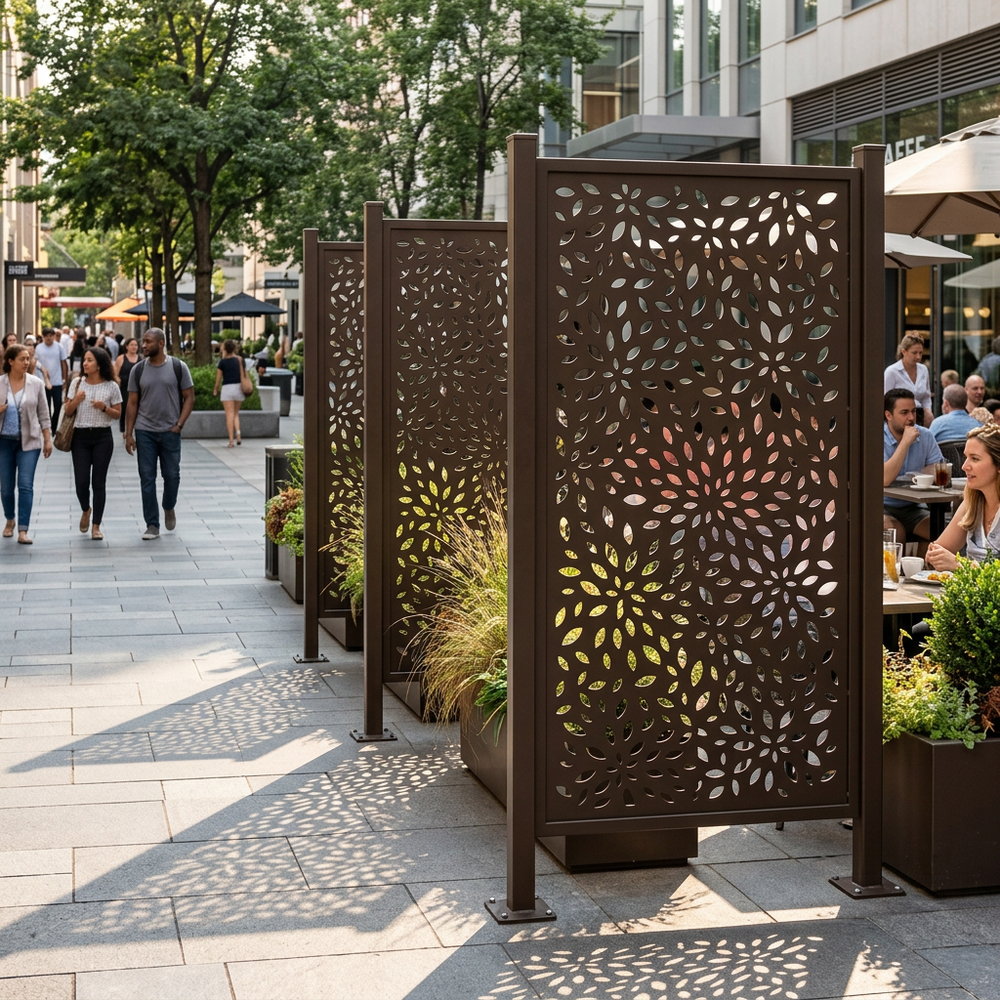 Decorative outdoor privacy wall with floral laser cut steel design