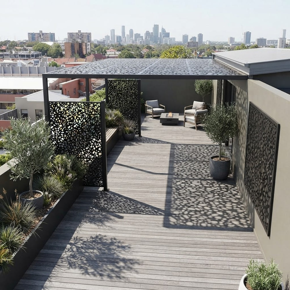 Powder coated steel privacy panel for patios and outdoor living spaces