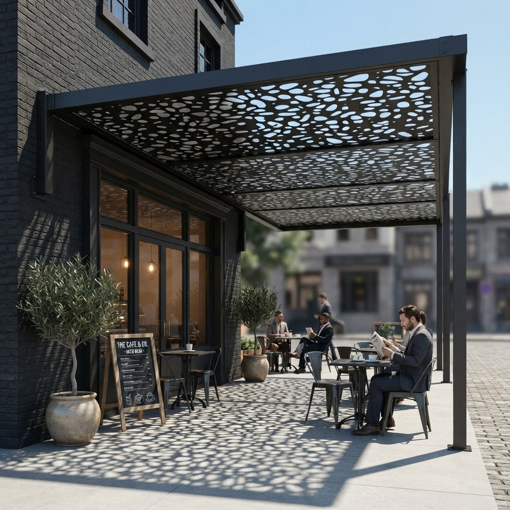 Custom metal privacy screen with abstract organic perforated design