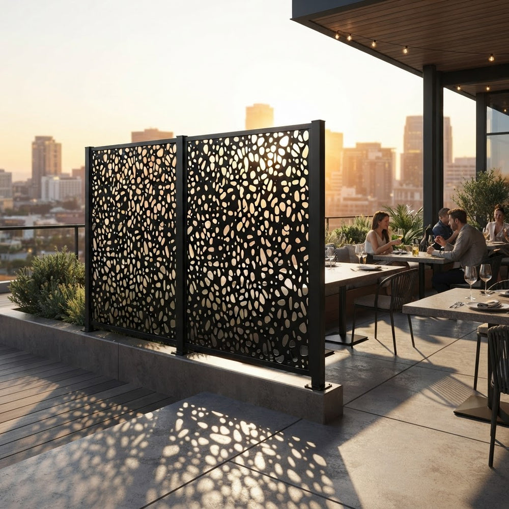 Decorative laser cut privacy panel featuring abstract pebble pattern