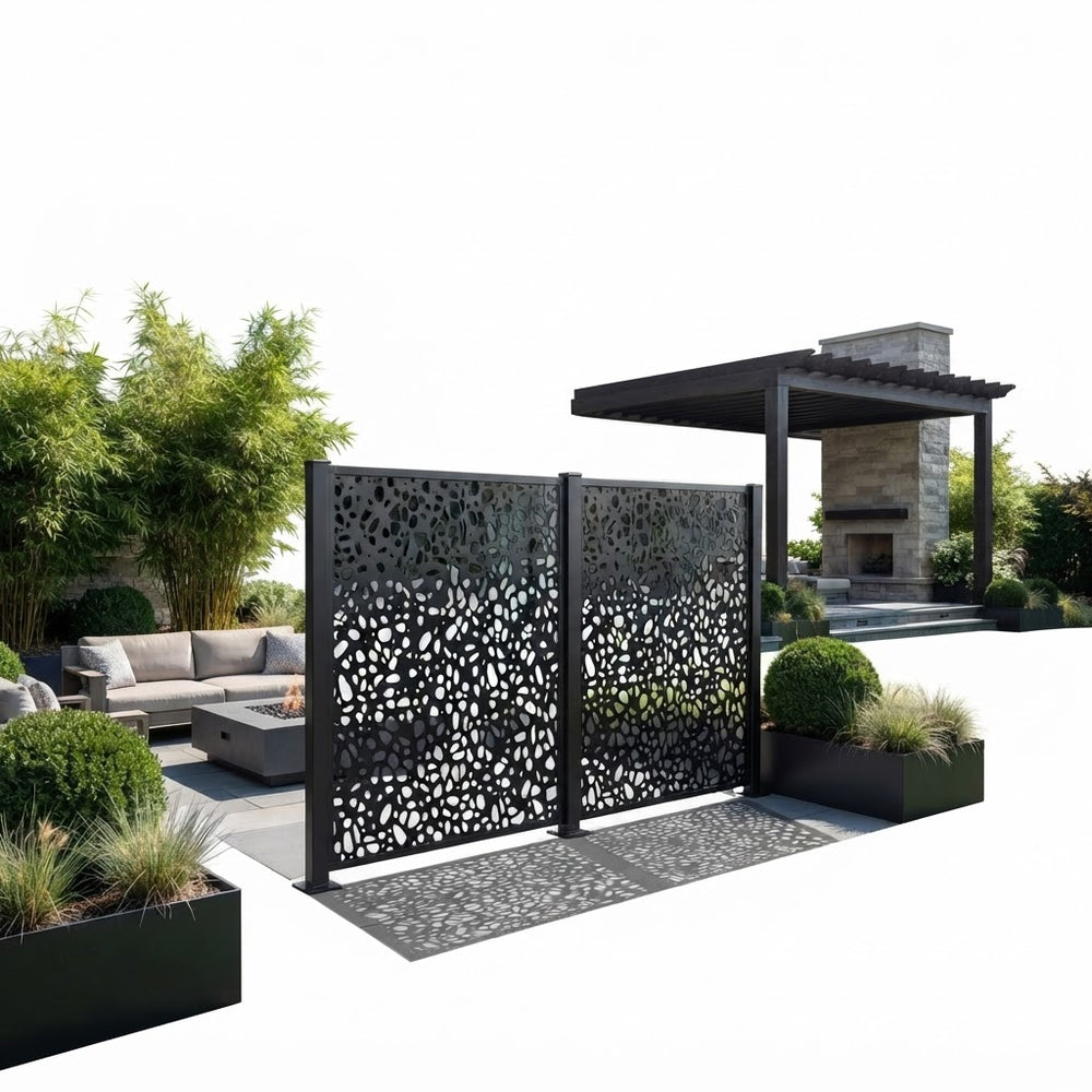 Modern organic pebble metal privacy screen manufactured from Canadian steel