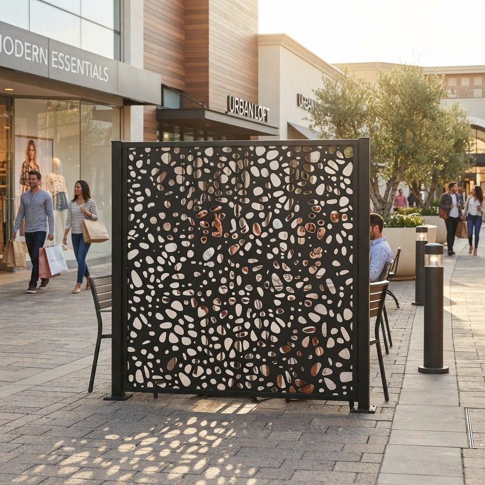 Canadian made laser cut steel privacy panel with modern pebble motif
