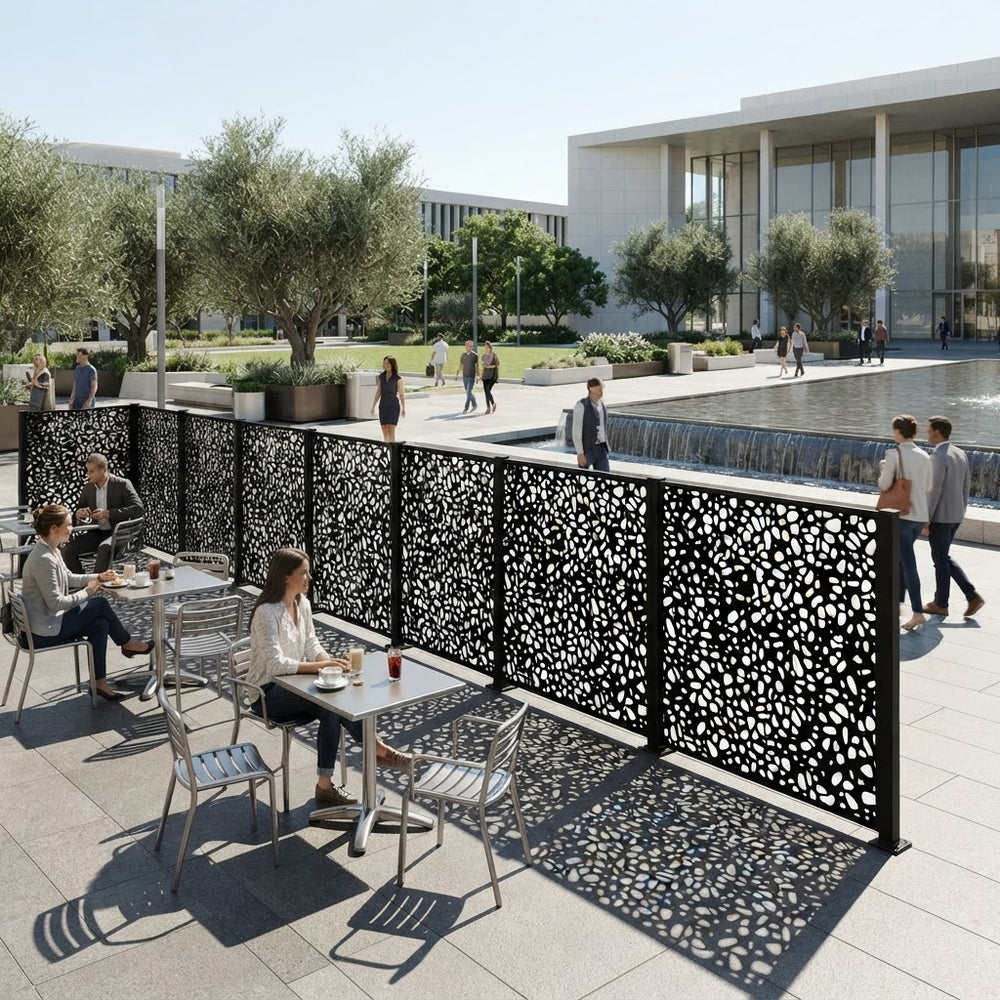 Modern organic pebble metal privacy screen manufactured from Canadian steel