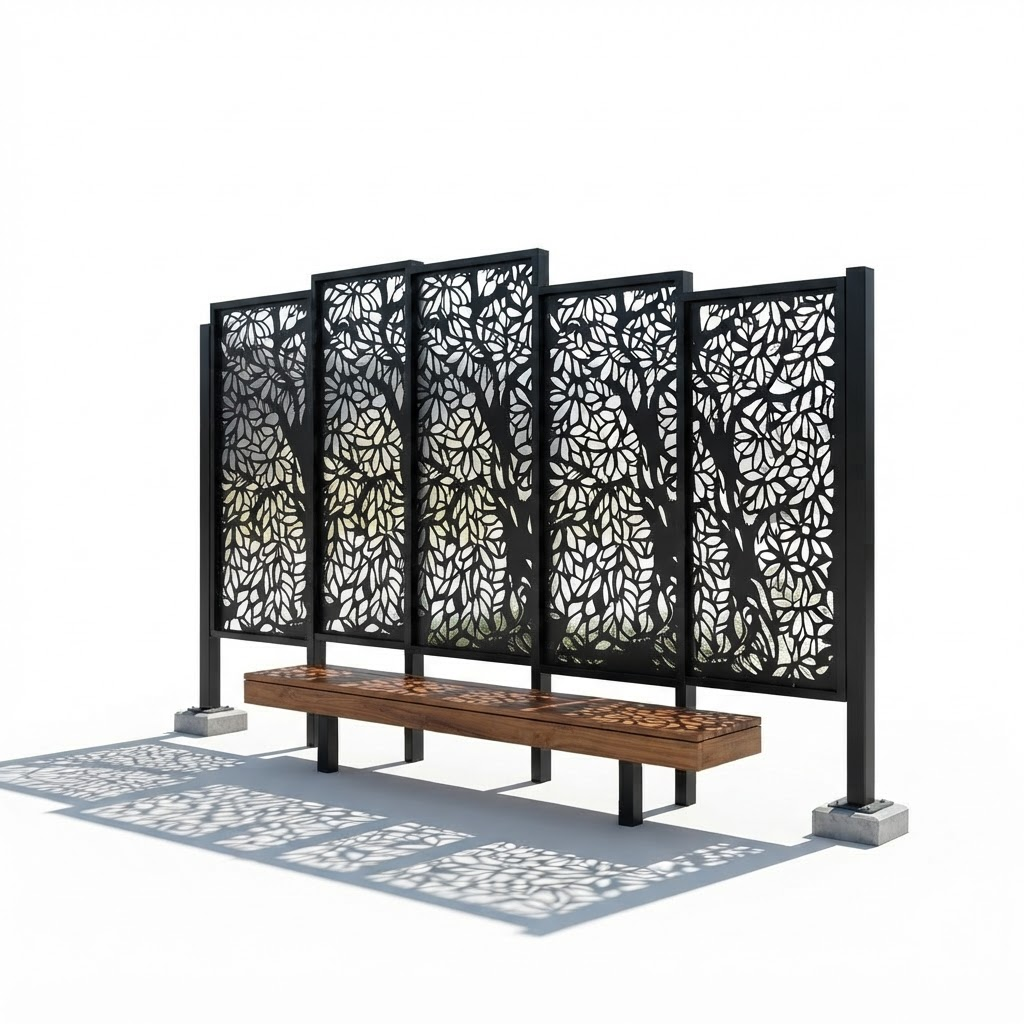 Decorative tree design metal privacy screen manufactured from Canadian steel
Laser cut tree pattern privacy panel with powder coated architectural finish
Contemporary tree silhouette metal privacy screen for outdoor spaces
Decorative steel tree panel for patio and backyard privacy applications
Architectural laser cut tree design metal divider made in Canada
Outdoor garden privacy screen featuring detailed tree and leaf artwork
Powder coated metal partition with nature inspired tree pattern design
Heavy duty