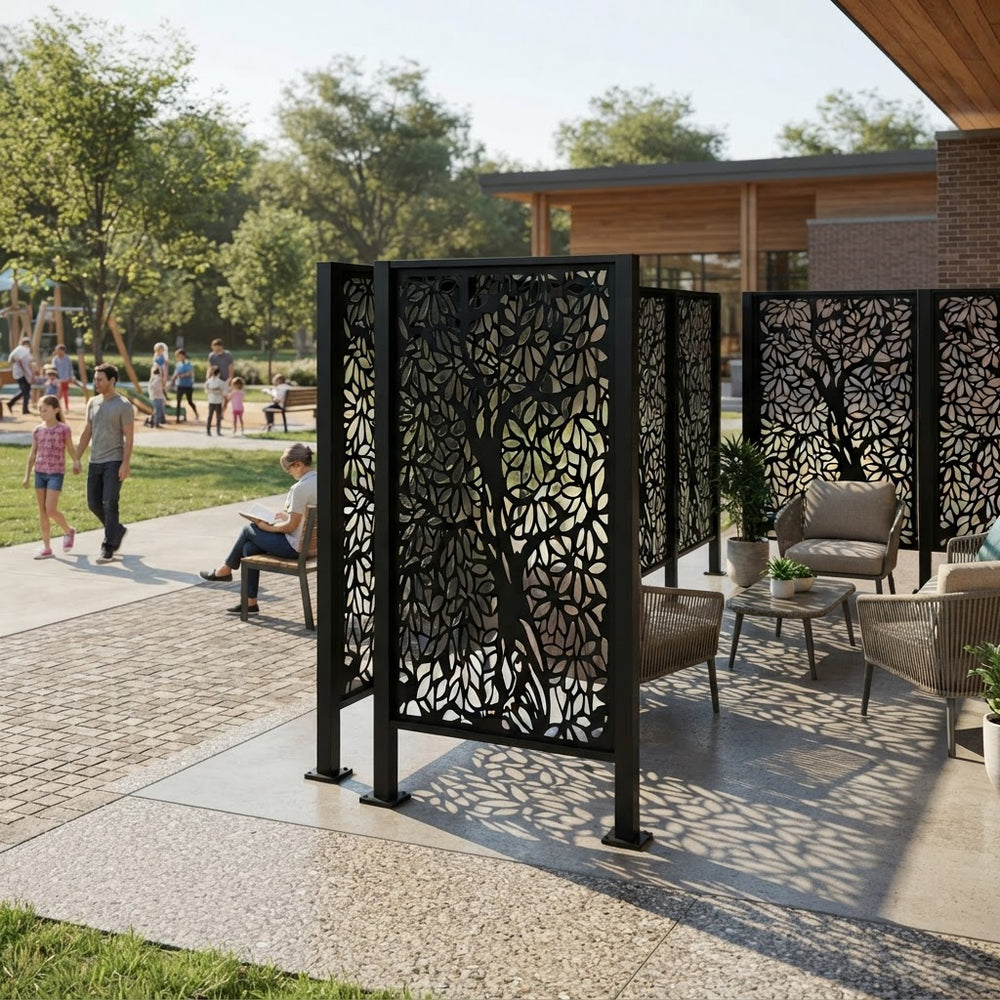 Contemporary tree silhouette metal privacy screen for outdoor spaces