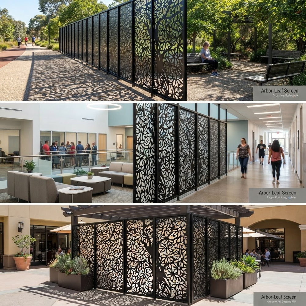 Powder coated metal partition with nature inspired tree pattern design