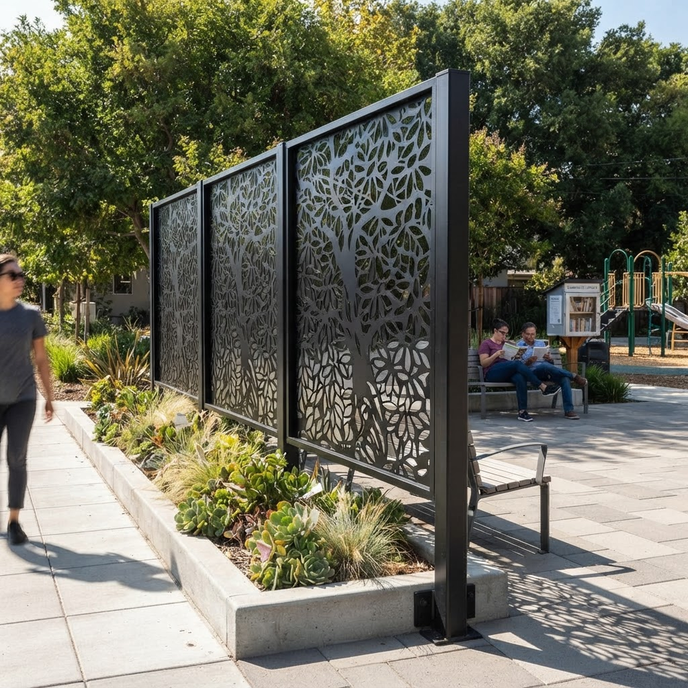 Powder coated metal partition with nature inspired tree pattern design