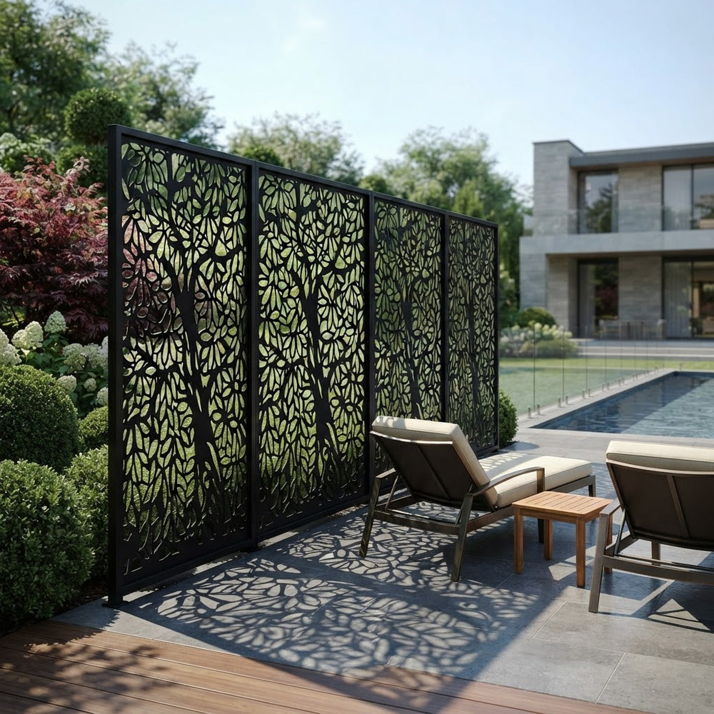 Laser cut tree pattern privacy panel with powder coated architectural finish
