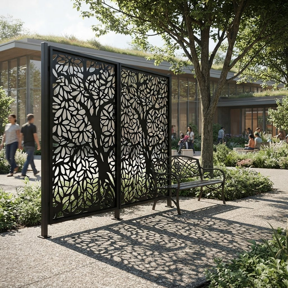 Laser cut tree pattern privacy panel with powder coated architectural finish