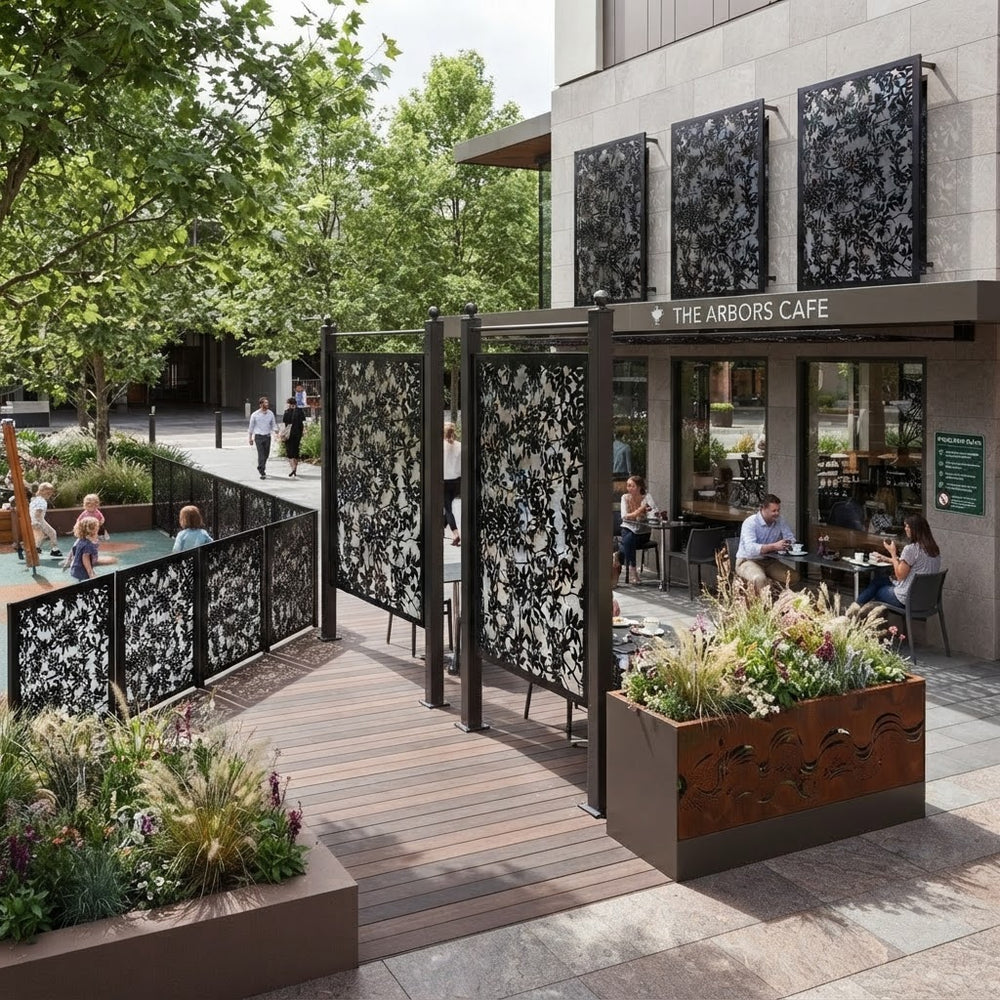 Contemporary steel privacy screen for patios, gardens, and landscapes