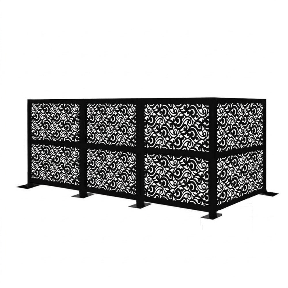Contemporary privacy fence panel featuring ornate swirling pattern design