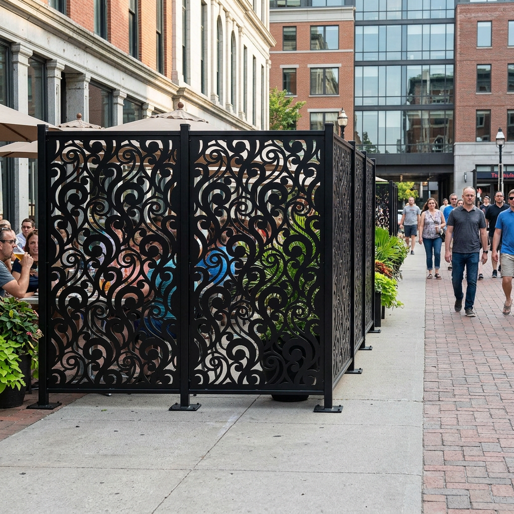 Powder coated metal privacy screen with classic ornamental scroll design