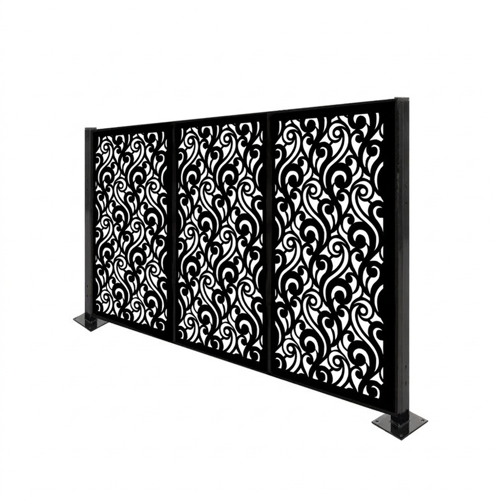 Decorative laser cut privacy panel featuring elegant wrought iron style pattern