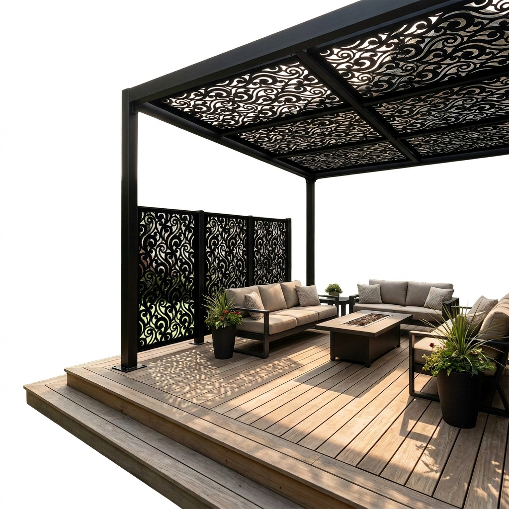 Ornamental scrollwork metal privacy screen manufactured from premium Canadian steel
