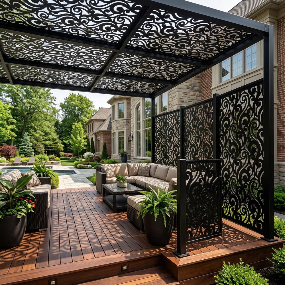 Custom ornamental metal screen with intricate architectural detailing