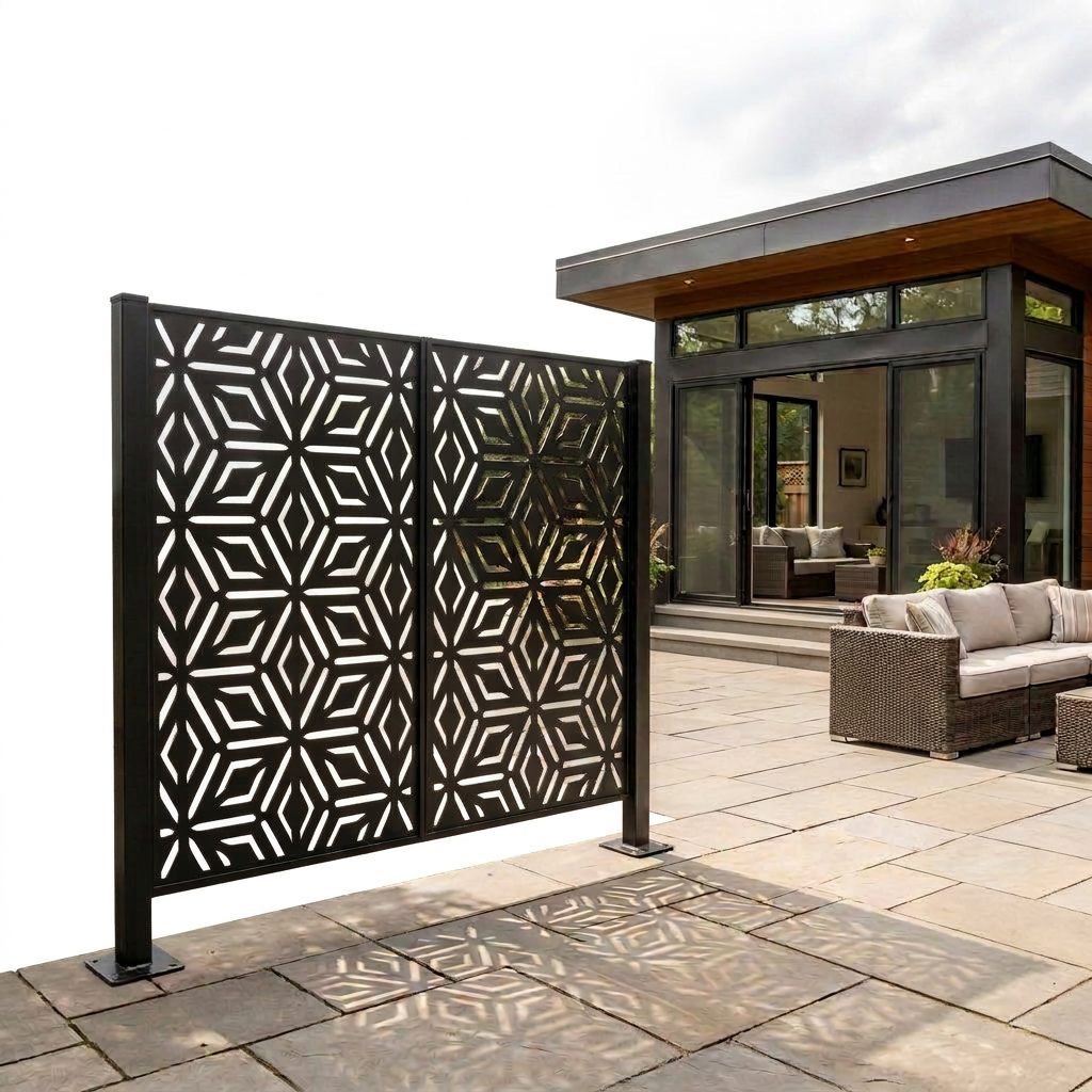 Decorative outdoor metal screen with contemporary geometric design