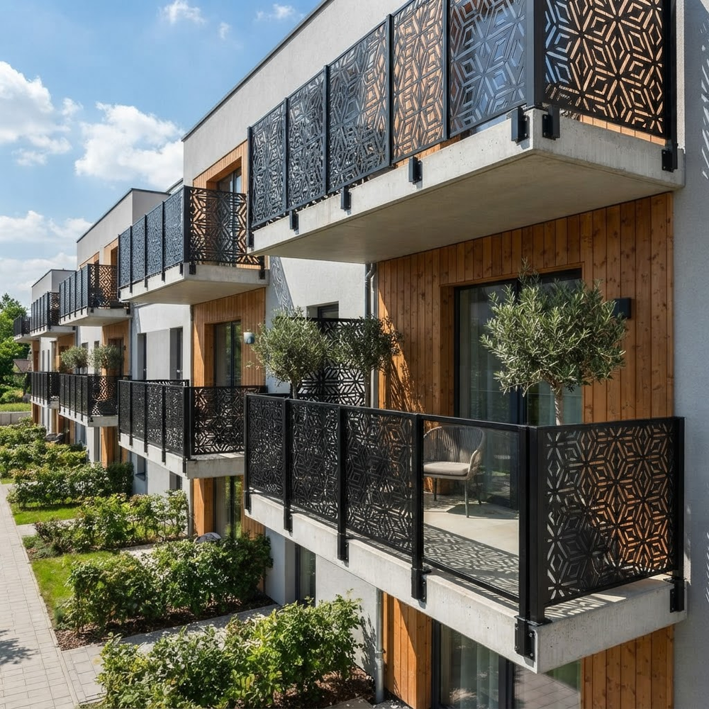 Decorative architectural privacy panel featuring geometric line artwork