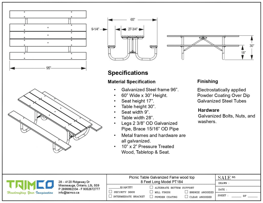 Picnic Table Galvanized Fame wood top 8 Feet Long | Model PT184