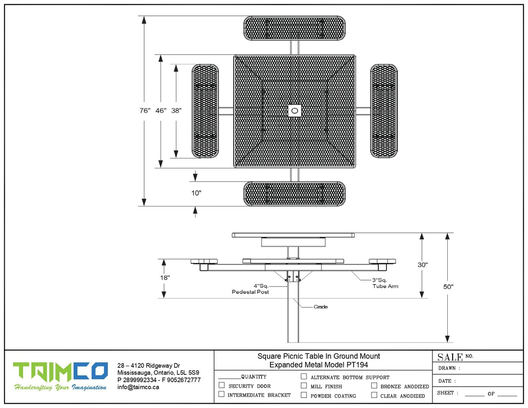 Square Picnic Table In Ground Mount Expanded Metal | Picnic Table & Seat |  Model PT194