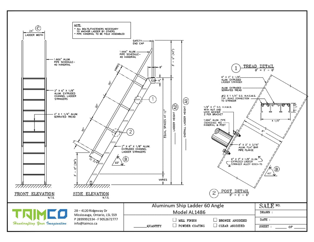 Ship Aluminum Ladders 60 & 75 Standard Degrees - Model # SL1486