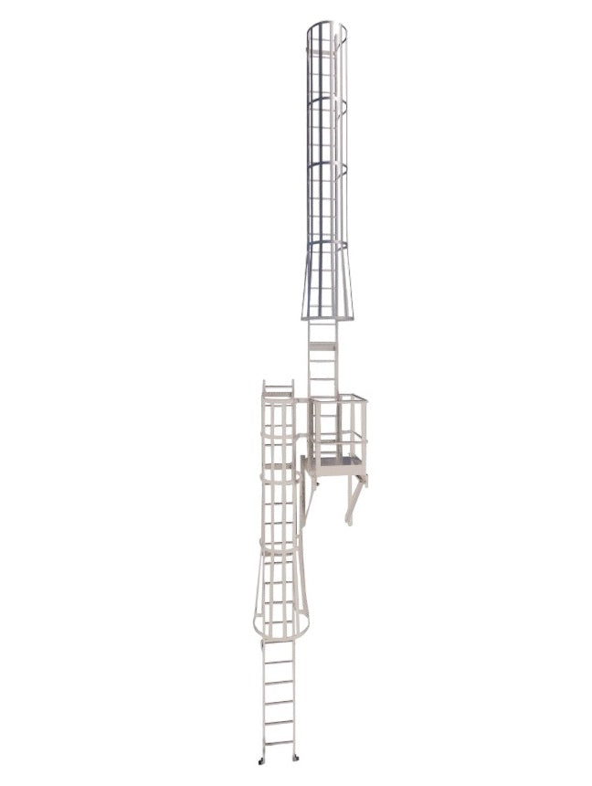 Fixed Roof Hatch Aluminum Access Ladder with Cage and Intermediate Platform Model SL1495