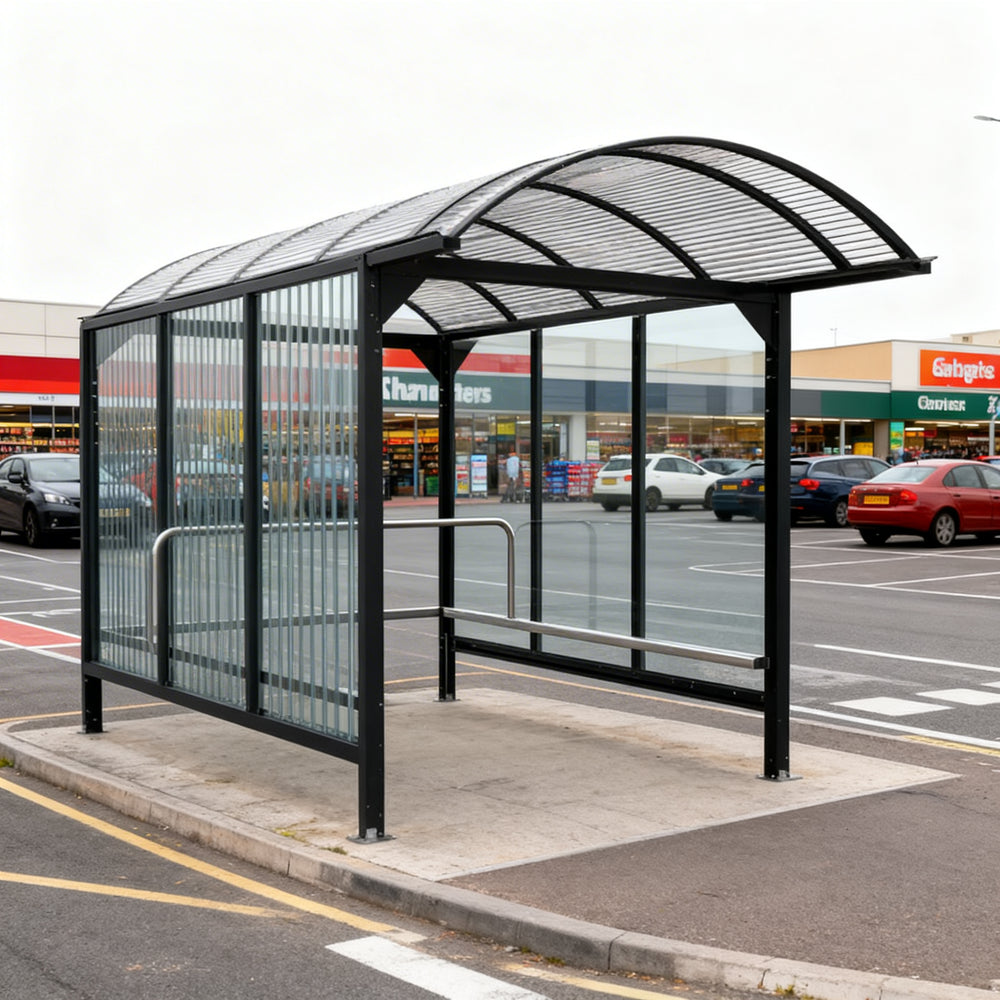 Side profile of TAIMCO shopping cart shelter featuring transparent polycarbonate panels and heavy‑duty metal supports.
