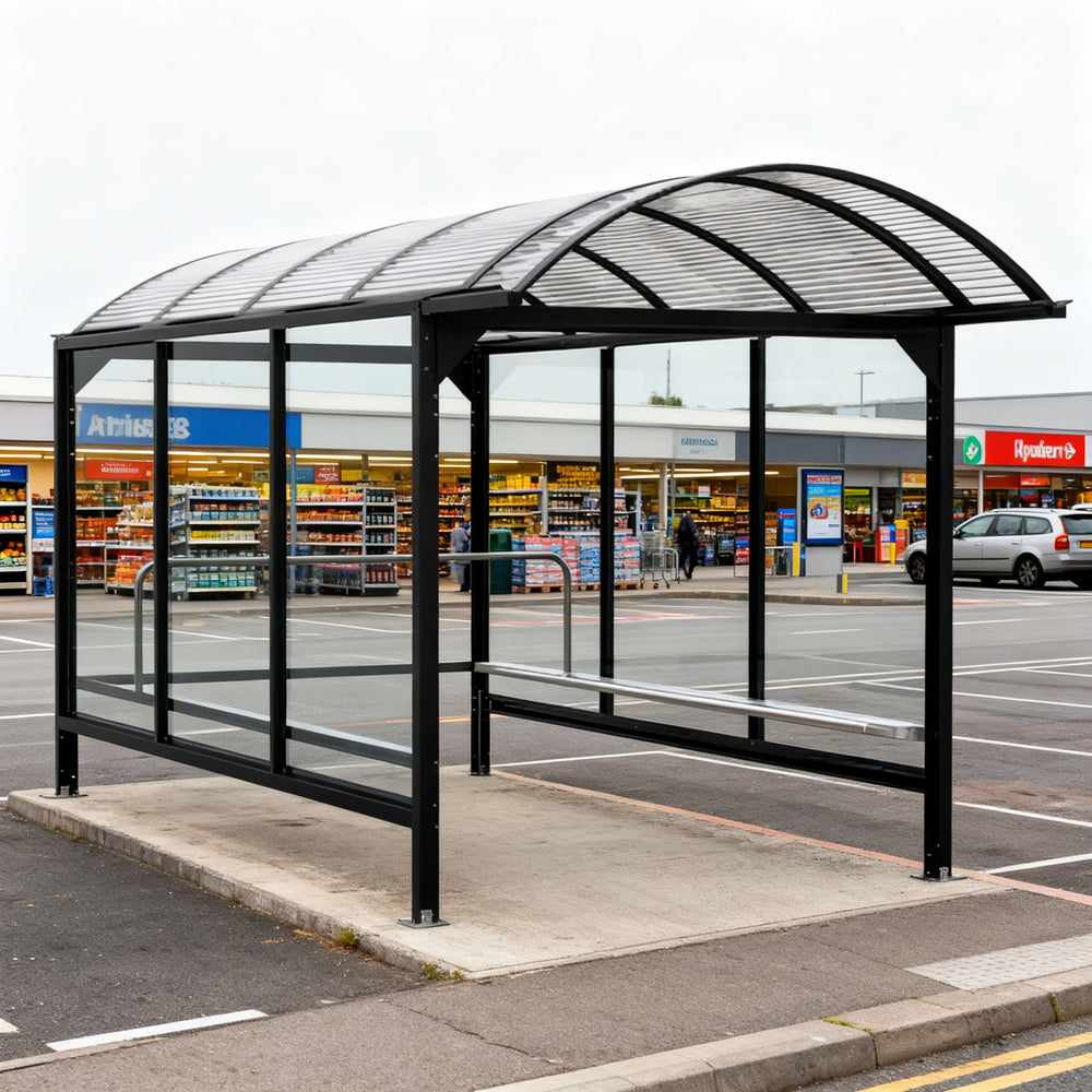 Close‑up of curved polycarbonate roof panels on TAIMCO shopping cart shelter, highlighting UV‑resistant construction.