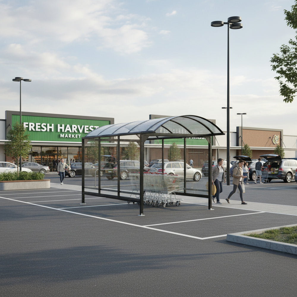 Rear angle of drum‑style shopping cart shelter with enclosed sides and open front entry.