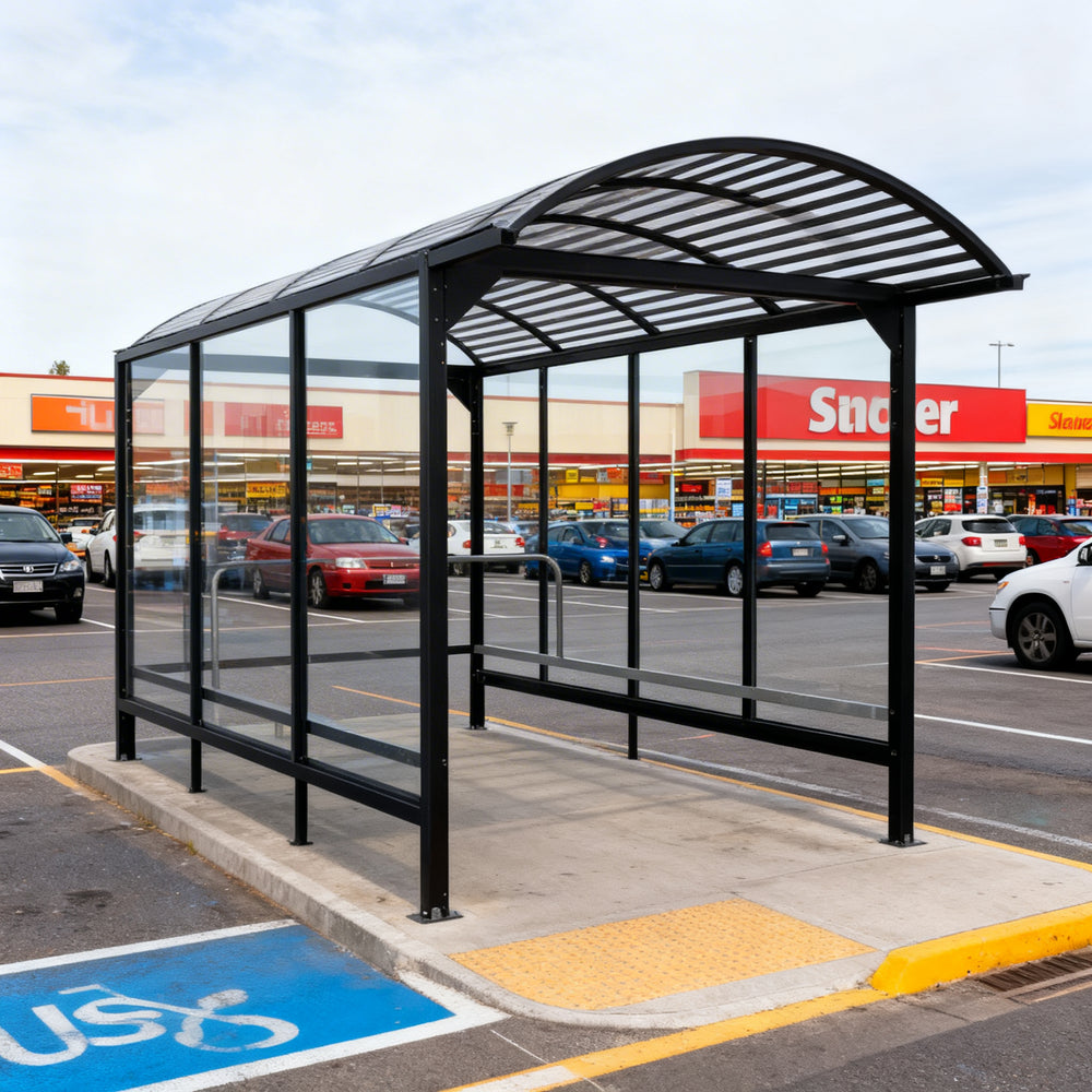 Outdoor installation of TAIMCO shopping cart shelter providing weather protection for grocery carts.