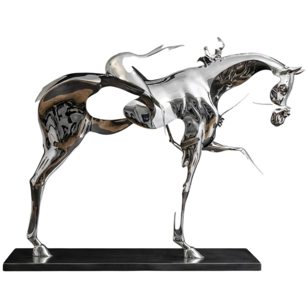 Futuristic metal horse artwork with smooth mirrored surfaces and an abstract rider form