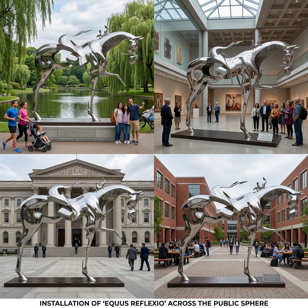 Polished metal sculpture of an abstract horse with a small rider and fragmented open body design.