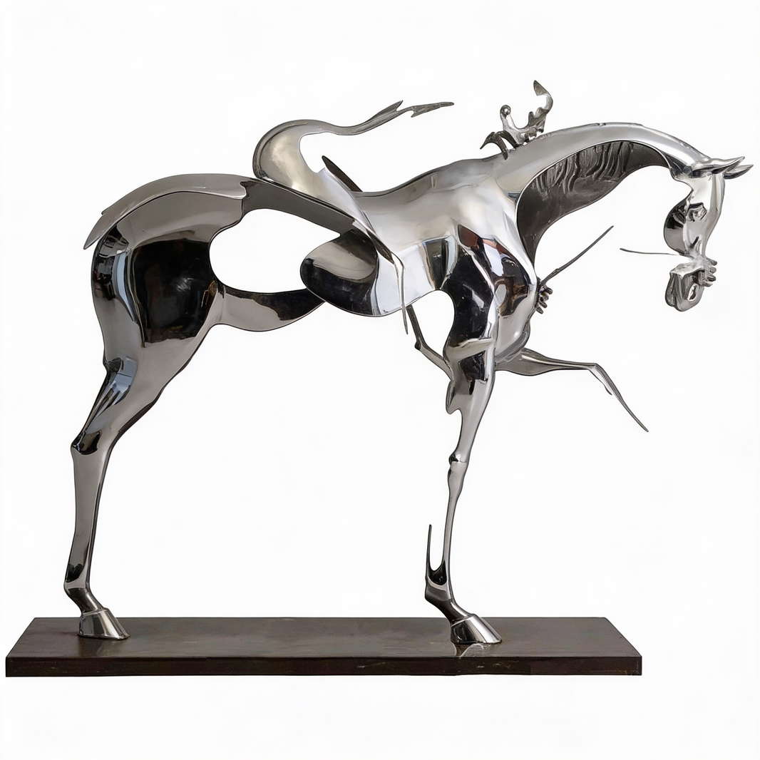 Polished metal sculpture of an abstract horse with a small rider and fragmented open body design