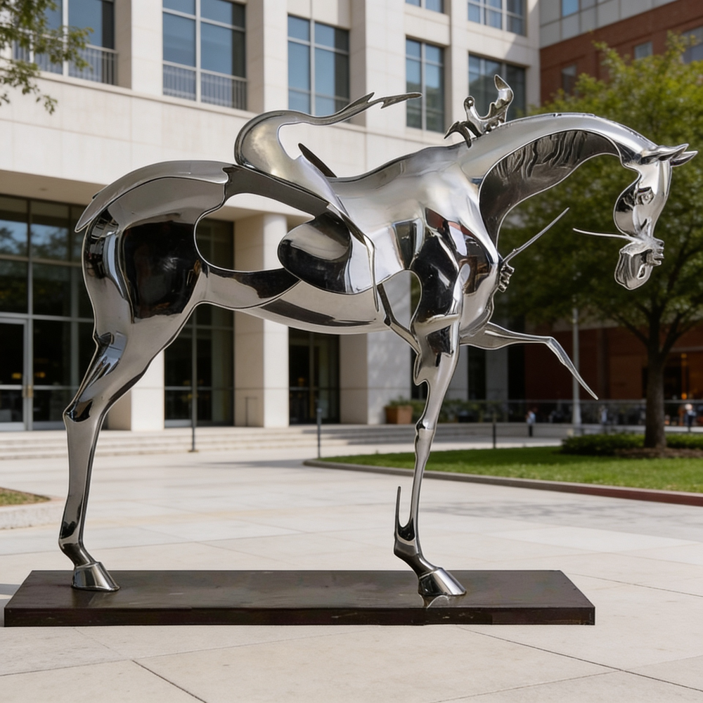 Modern abstract horse and rider artwork with polished surfaces and futuristic fragmented shapes