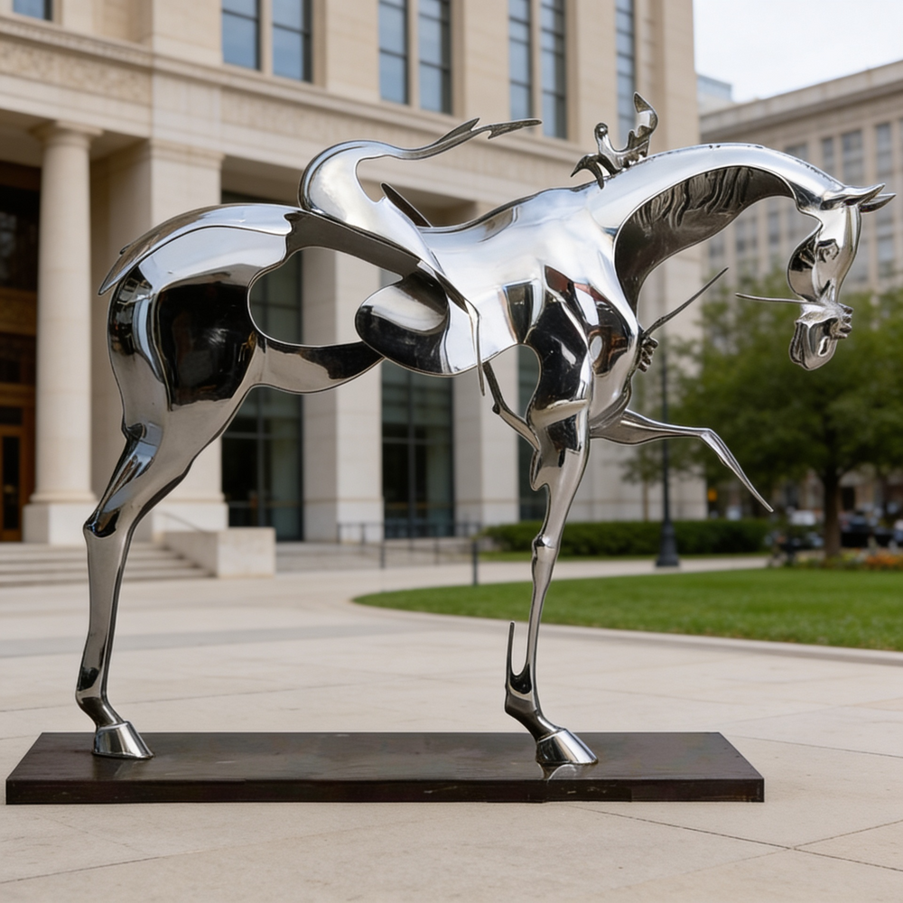 Contemporary metal sculpture of a stylized horse with open sections and a minimal rider