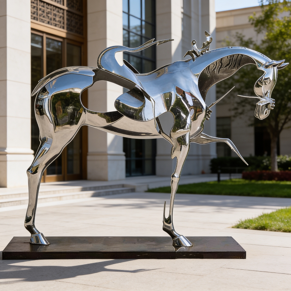 Polished metal horse figure with exaggerated curves and a small abstract rider on its back
