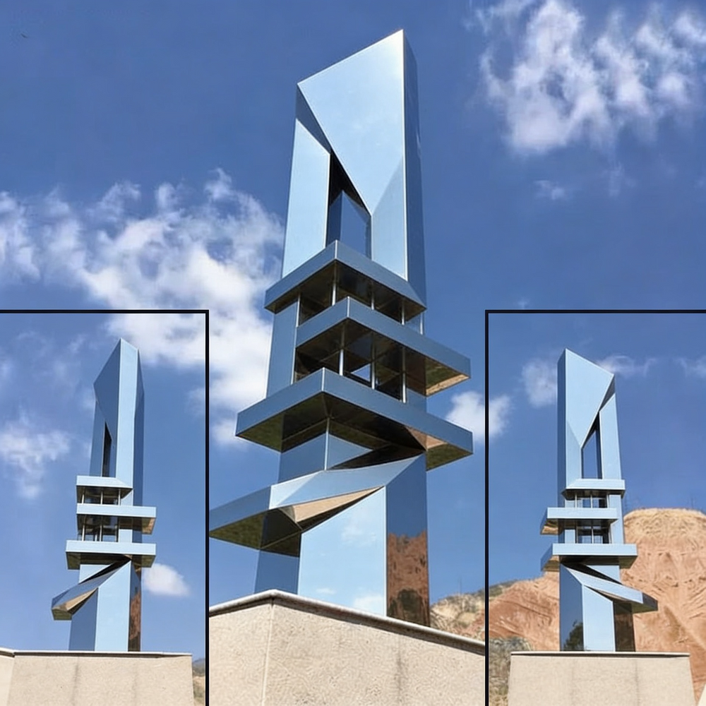 Modern geometric sculpture made of polished metal blocks arranged in a vertical abstract structure