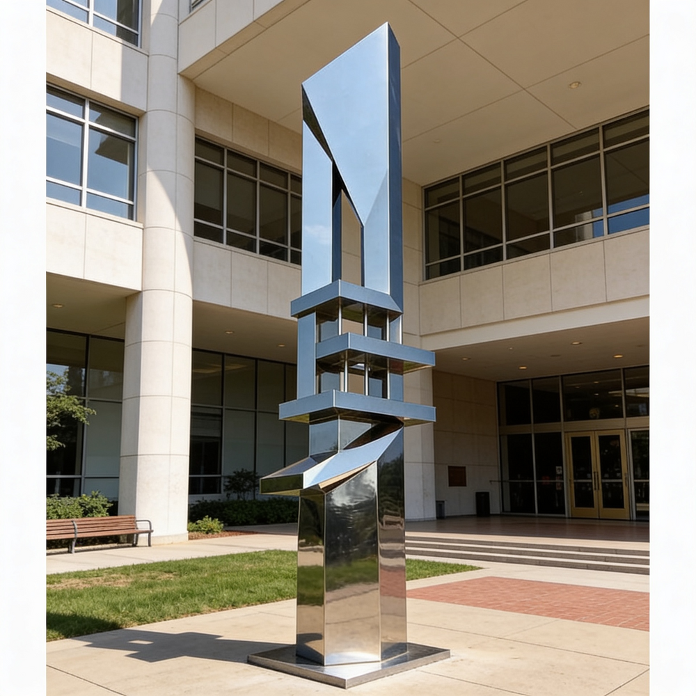 Reflective metal artwork featuring stacked rectangular and triangular forms in a sleek design