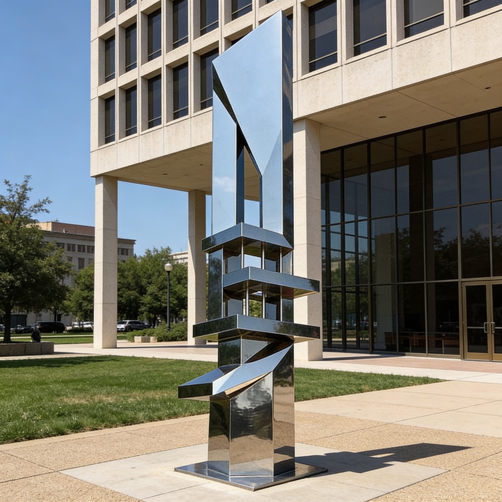 Contemporary outdoor sculpture made of stacked polished metal shapes with architectural styling.